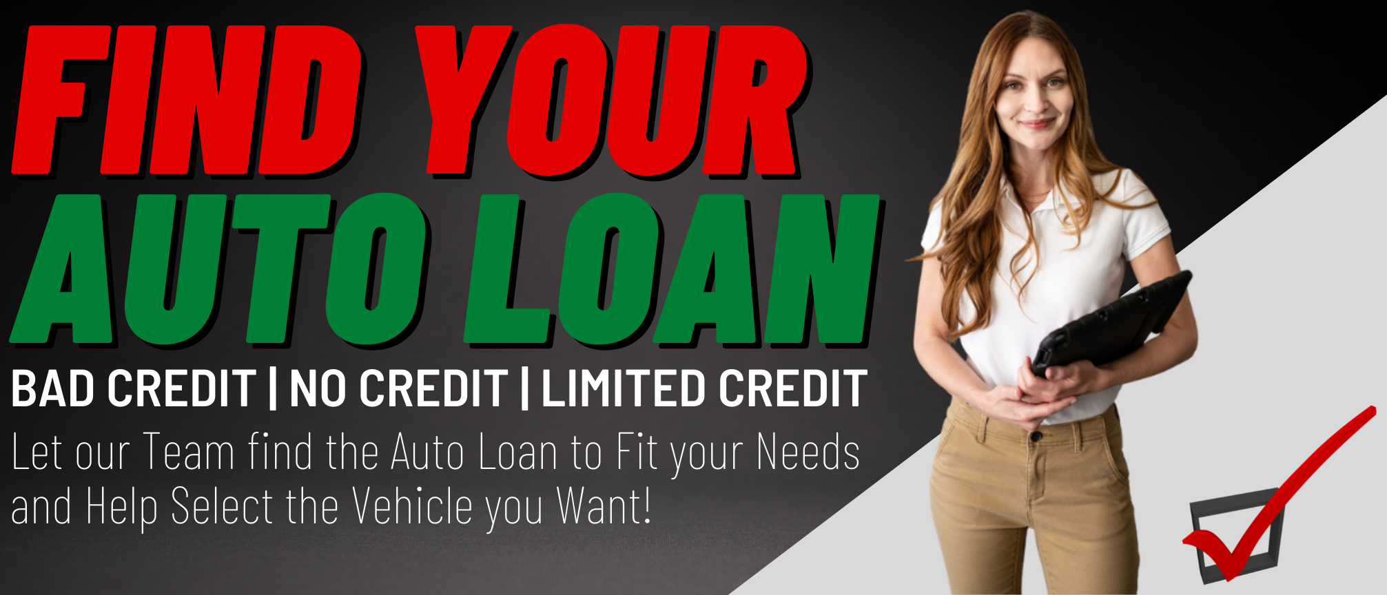 Smiling woman holding tablet next to bold auto loan promotion banner
